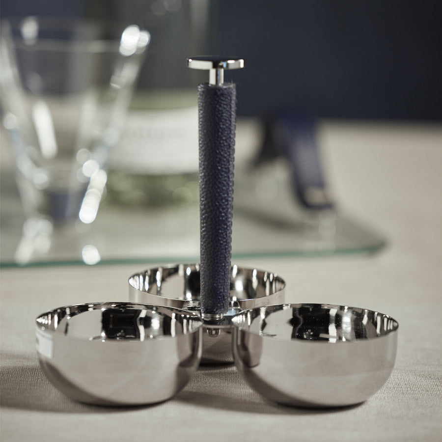Nickel and Leather 3-Bowl Condiment Set
