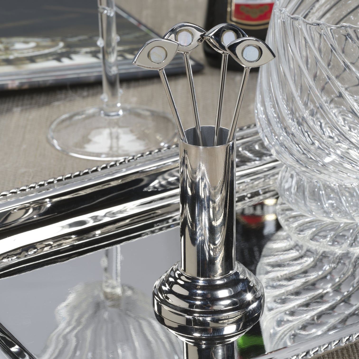 Polished Nickel Cocktail Picks with Stand Set of 4